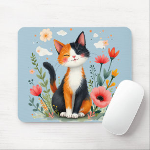 Tapis De Souris Chat calicot souriant dans un jardin en fleurs