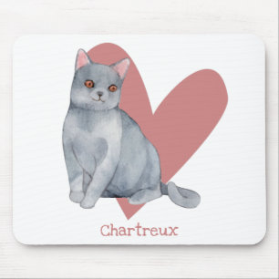 Tapis De Souris Chat Chartreux Aquarelle Kitty Coeur rose