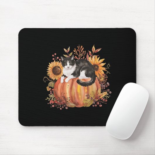 Tapis De Souris Chat Citrouille Automne Tuxedo Sunflower Thanksgiv (Avec souris)
