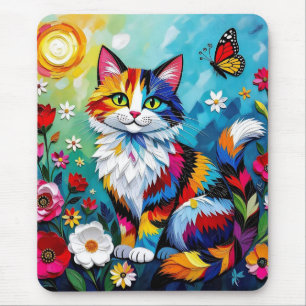 Tapis De Souris Chat coloré et papillon