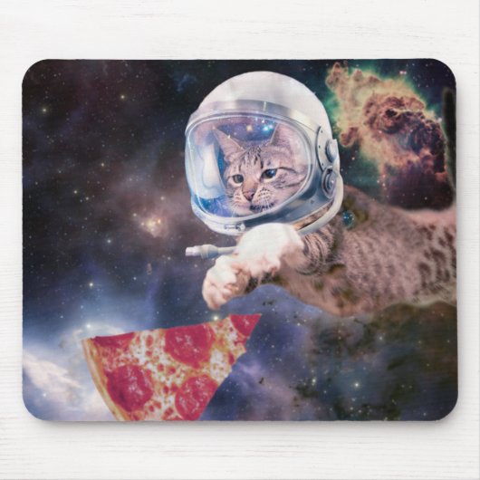 Tapis De Souris Chat d'astronaute chassant une tranche de pizza (Devant)