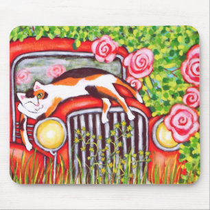 Tapis De Souris Chat de calicot, roses et vieil art Mousepad de