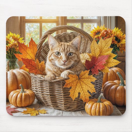 Tapis De Souris Chat de gingembre dans le panier d'automne (Devant)