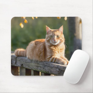 Tapis De Souris Chat de gingembre sur une clôture rustique