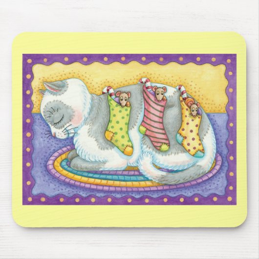 Tapis De Souris Chat de Noël mignon dormant avec des souris dans l (Devant)