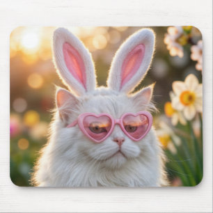 Tapis De Souris Chat de Pâques blanc avec des oreilles de lapin