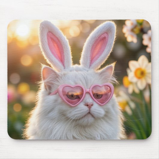 Tapis De Souris Chat de Pâques blanc avec des oreilles de lapin (Devant)