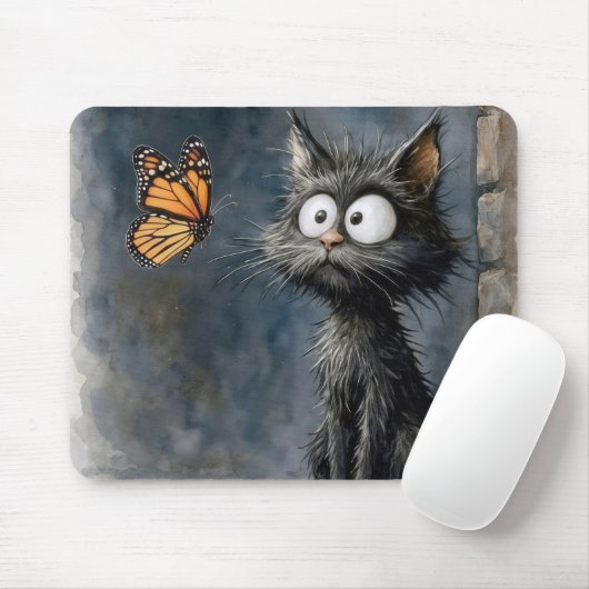 Tapis De Souris Chat débraillé fixant un papillon (Avec souris)