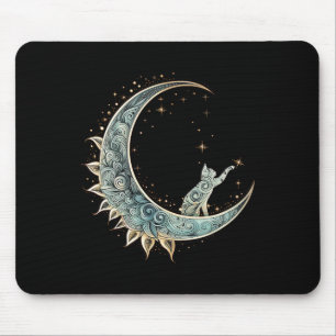 Tapis De Souris Chat D'Esthétique Mystique Assis Sur Crescent Moon