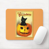 Tapis De Souris Chat d'Halloween assis dans une citrouille Jack O (Avec souris)