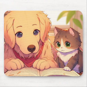 Tapis De Souris Chat et chien lisant un livre