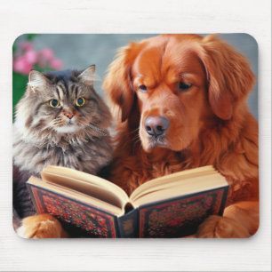 Tapis De Souris Chat et chien lisant un livre