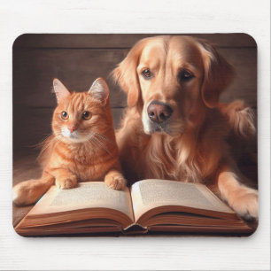 Tapis De Souris Chat et chien lisant un livre