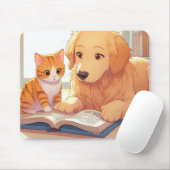 Tapis De Souris Chat et chien lisant un livre (Avec souris)