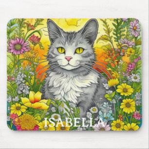 Tapis De Souris Chat et fleurs fantaisistes personnalisés