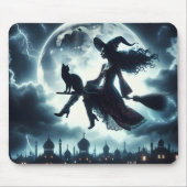 Tapis De Souris Chat et sorcière volant sur un Broomstick (Devant)