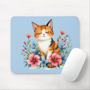 Tapis De Souris Chat floral Cottagecore Félin botanique serein