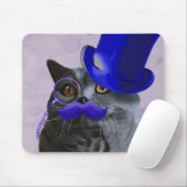 Tapis De Souris Chat gris avec chapeau bleu et moustache (Avec souris)