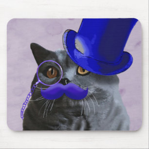 Tapis De Souris Chat gris avec chapeau bleu et moustache