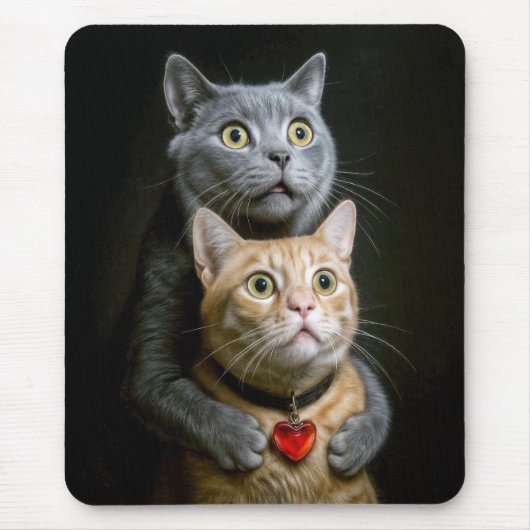 Tapis De Souris Chat gris avec chat roux en position câline (Devant)
