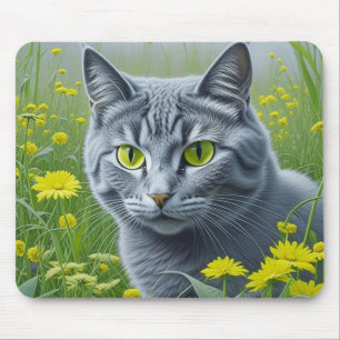 Tapis De Souris Chat Gris Mignon avec des Yeux Jaunes Ai Art