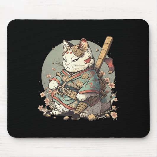 Tapis De Souris Chat Kawaii Style Samurai Anime Kitten japonais (Devant)