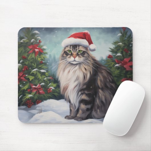 Tapis De Souris Chat Maine Coon à Noël de neige (Avec souris)