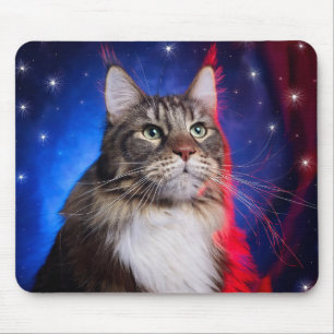 Tapis De Souris Chat Maine Coon avec aura rouge blanc bleu et étoi
