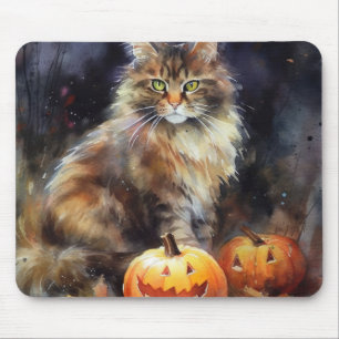 Tapis De Souris Chat Maine Coon Halloween avec citrouilles effraya