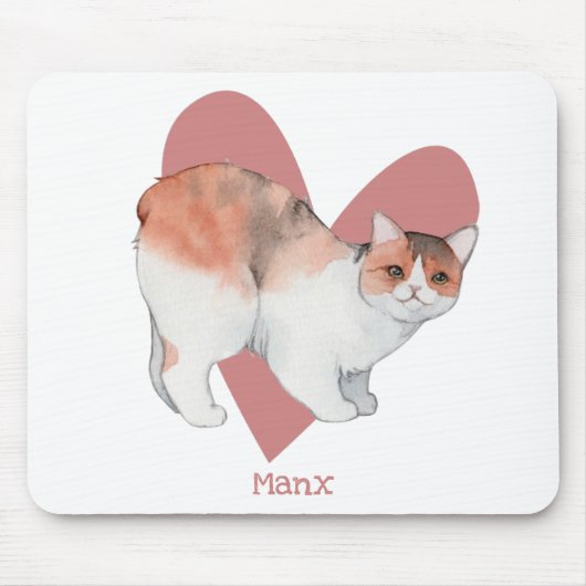 Tapis De Souris Chat Manx Aquarelle Kitty Coeur rose (Devant)