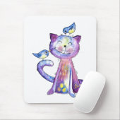 Tapis De Souris Chat mignon blanc violet avec oiseaux (Avec souris)