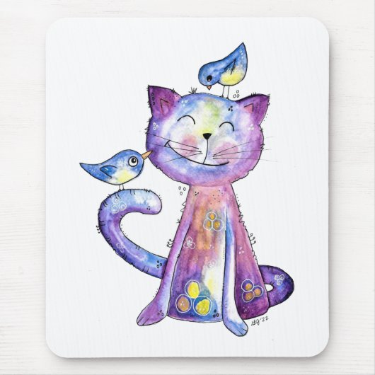 Tapis De Souris Chat mignon blanc violet avec oiseaux (Devant)