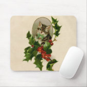 Tapis De Souris Chat Noël Joyau Holly Kitten Art antique (Avec souris)