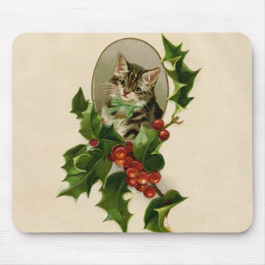 Tapis De Souris Chat Noël Joyau Holly Kitten Art antique (Devant)