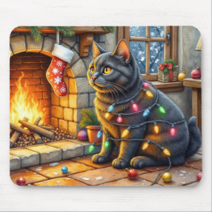 Tapis De Souris Chat noir assis près d'une cheminée avec des lumiè