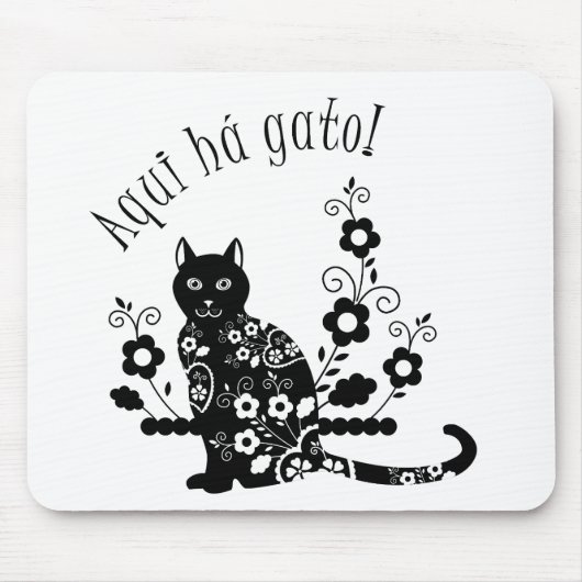 Tapis De Souris Chat noir avec fleurs et expression portugaise (Devant)