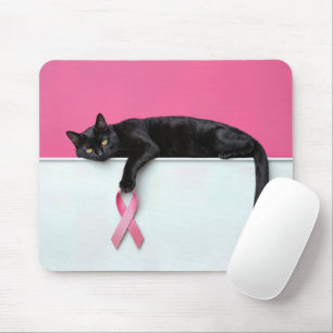 Tapis De Souris Chat noir avec un ruban rose symbole du cancer