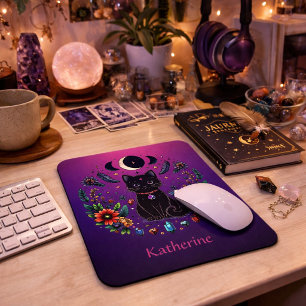 Tapis De Souris Chat Noir Céleste Mystique Violet Rose