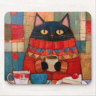 Tapis De Souris Chat noir confortable buvant du café au café