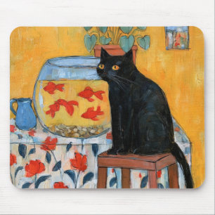 Tapis De Souris Chat noir curieux regardant un aquarium