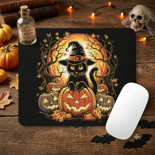 Tapis De Souris Chat noir de Halloween Citrouille Sorcière Chat Éc