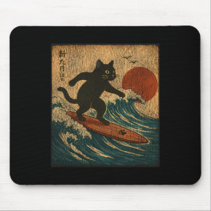 Tapis De Souris Chat noir de surf style d'art japonais en détresse
