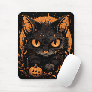 Tapis De Souris Chat noir d'Halloween avec Citrouilles et lune