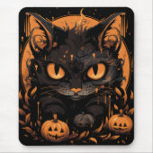 Tapis De Souris Chat noir d'Halloween avec Citrouilles et lune (Devant)