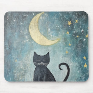 Tapis De Souris Chat noir endormi avec croissant de lune et étoile