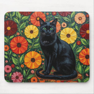 Tapis De Souris Chat noir et fleurs d'art populaire colorées