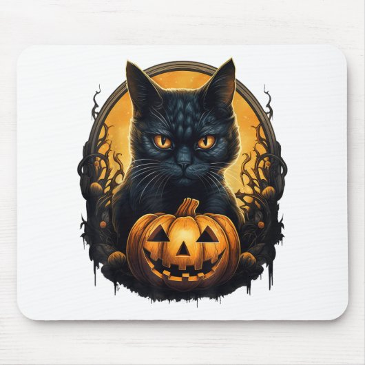 Tapis De Souris Chat noir Halloween Citrouilles effrayants Lune Ch (Devant)