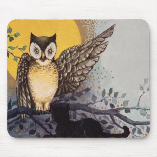 Tapis De Souris Chat noir Hibou Pleine lune Arbre Nuit (Devant)