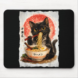 Tapis De Souris Chat noir mangeant des ramen mignon kawaii anime c