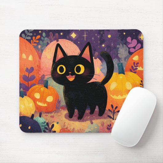 Tapis De Souris Chat noir mignon avec Jack-o’-Lanterns - Mousepad (Avec souris)